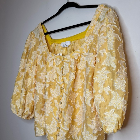 NWT ANTHROPOLOGIE Yvonne Textured Yellow Boho Buttondown Puff Sleeve Blouse Top - Picture 4 of 10